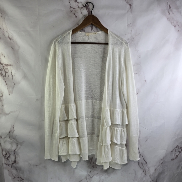 EILEEN FISHER Cardigan Womens Large Cream Linen Open Front Ruffle Sweater - Picture 1 of 12